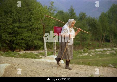 Covasna County, Rumänien, ca. 2002. Ältere Frau auf dem Land, die mit einem Stock geht und einen schweren Eimer trägt. Stockfoto