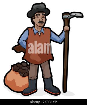Der traditionelle kolumbianische Bauer trägt eine Ruana, einen Hut und eine Mattock neben einem Kartoffelsack. Stock Vektor