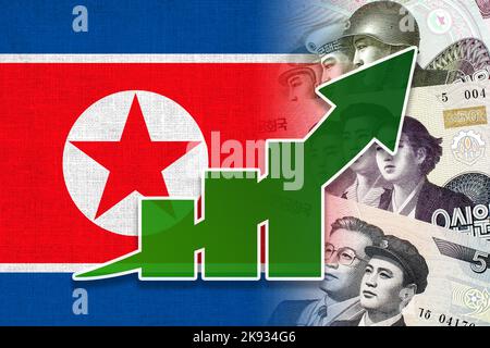 Wirtschaftsdiagramm: Aufwärtspfeil, nordkoreanische Flagge und nordkoreanische Won Cash Notes (Geld, Wirtschaft, Unternehmen, Finanzen, Inflation, Krise) Stockfoto