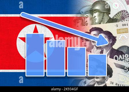 Wirtschaftsdiagramm: Abwärtspfeil, nordkoreanische Flagge und nordkoreanische Won Cash Notes (Geld, Wirtschaft, Unternehmen, Finanzen, Inflation, Krise) Stockfoto