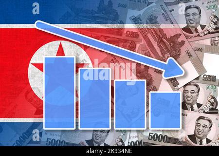 Wirtschaftsdiagramm: Abwärtspfeil, nordkoreanische Flagge und nordkoreanische Won Cash Notes (Geld, Wirtschaft, Unternehmen, Finanzen, Inflation, Krise) Stockfoto