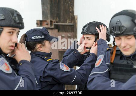 Studenten-Kadetten der Serbischen Polizeiakademie trainieren in grundlegenden Polizei-/Strafverfolgungsmethoden mit Handfeuerwaffen und verhaften einen Verdächtigen Stockfoto