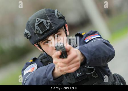 Studenten-Kadetten der Serbischen Polizeiakademie trainieren in grundlegenden Polizei-/Strafverfolgungsmethoden mit Handfeuerwaffen und verhaften einen Verdächtigen Stockfoto