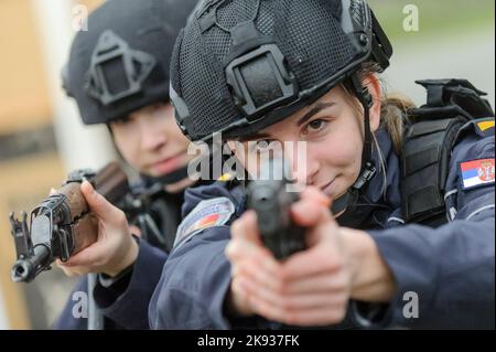 Studenten-Kadetten der Serbischen Polizeiakademie trainieren in grundlegenden Polizei-/Strafverfolgungsmethoden mit Handfeuerwaffen und verhaften einen Verdächtigen Stockfoto