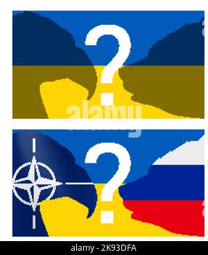 Adlerkopf-Symbol der NATO gegenüber dem Bärenkopf-Symbol Russlands vor dem Hintergrund der ukrainischen Nationalflagge. Konzept der angespannten Beziehungen Stock Vektor