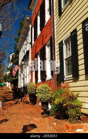 Eine Gruppe von bunten Schlauchleitungen steht auf dem gemauerten Bürgersteig von Alexandria Virginia Stockfoto