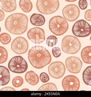 Pilze Kappen Hand gezeichnete Linolschnitt nahtlose Vektor-Muster. Linolschnitt Vektor Pilz nahtloses Muster. Stock Vektor