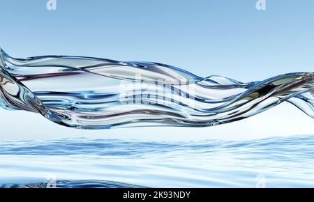 3D abstrakter, glänzend gewellter Hintergrund. Transparentes Glasband, das auf der Wasserspiegelung fliegt. Schillerndes realistisches 3D-rendering in hoher Qualität Stockfoto