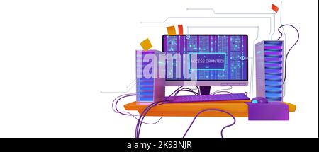 3D Render Software Testing Konzept mit Computer-pc auf dem Schreibtisch. Funktionstest, Website-Plattform-Optimierung, Methodik der Programmierung, Suchfehler und Bugs, Illustration in Cartoon-Kunststoff-Stil Stockfoto