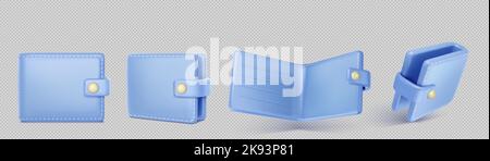 3D Symbol der blauen Brieftasche mit Taschen für Bargeld und Bankkarten isoliert auf transparentem Hintergrund. Offene und geschlossene Geldbörse in der Vorder- und Winkelansicht, Vektordarstellung Stock Vektor