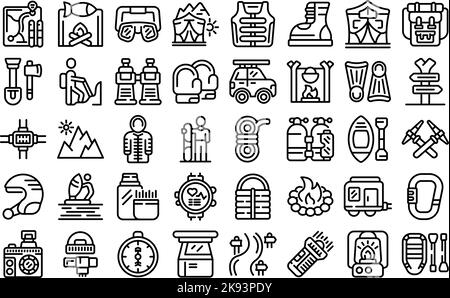 Extreme Tourismus-Symbole setzen Umrissvektor. Klettern am Berg. Wintercamping Stock Vektor