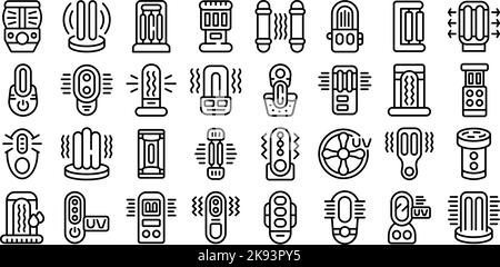 Ultraviolet portable sterilizer icons set outline vector. Bacterium bulb. Lamp uv Stock Vektor