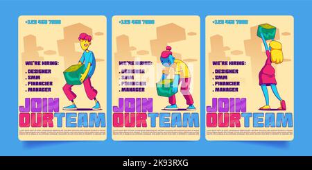 Sammlung von Vorlagen für HR-Poster zur Stellenanstellung. Vektor-Illustration der zeitgenössischen Stil Charaktere Gebäude Team. Werbeflyer für Personalbeschaffung eingestellt. SMM, Designer, Finanzier, Manager Vakanzen Stock Vektor