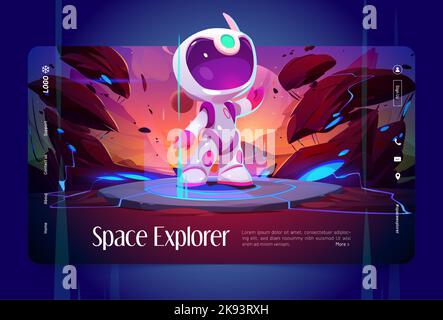 Landing Page-Vorlage für Space Explorer. Cartoon-Vektor-Illustration des Astronauten in Raumanzügen, der auf einem fremden Planeten steht und mit der Hand winkt. Futuristische Abenteuer Spiel Charakter. Präsentation Website-Design Stock Vektor