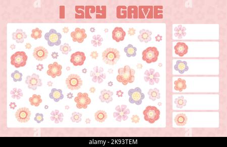 Ich spioniere Spiel. Pädagogischer Spaß für Kinder. Zählen Sie, wie viele Blütenelemente. Flache, von Hand gezeichnete, sanfte Blume. Vector groovy Blumenvorlage für Vorschulspiele Stock Vektor