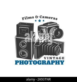 Vintage Fotografie Symbol, Retro-Foto-Kameras und Filme, Vektor-Emblem. Retro-Fotogeschäft oder -Geschäft mit altem analogen Film und Objektiv, Mittelformatkamera oder Fotostudio-Symbol Stock Vektor
