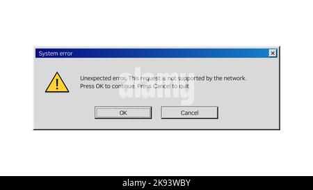 Fenster mit Fehlermeldungen der Systemwarnung des Computers, Feld mit Vektor-Popup-Meldungen. Unerwarteter Netzwerkfehler, PC-Warnfenster mit den Optionsschaltflächen OK und Abbrechen für nicht unterstützte Anforderung Stock Vektor