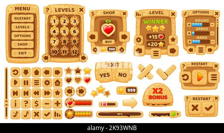 Cartoon Cookie Cracker Spiel Benutzeroberfläche UI und GUI-Elemente. Vektor Cookie-Steuerung Symbol und Süßigkeiten Schokolade Arcade Ruhm Navigationspfeile, Menüoptionen und Assets mit Requisiten oder GUI-Tasten Stock Vektor