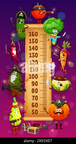 Kinder Höhendiagramm Cartoon Gemüse Piraten und Korsaren Wachstumsmeter. Vector Gurke, Tomaten, Brokkoli oder Karotten, Knoblauch, Blumenkohl und Squash, Kürbis mit Avocado und rotem Chili-Pfeffer-Gemüse Stock Vektor