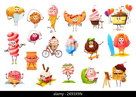 Cartoon-Süßigkeiten, Süßigkeiten, Dessert, Kekse und Bäckereifiguren. Vector Pfannkuchen und Eis, Croissant, Muffin und Kuchen, Pudding, Karamell, Meringue, Waffel, Donut und Makronen, Cupcake und Toffee Stock Vektor