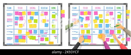 Scrum Task Board mit Geschäftsleuten Händen. Projekt-Scrumboard oder Firmen-Briefing-Vektor-Taskboard. Team Brainstorming, Whiteboard zur Geschäftsstrategie mit Mitarbeiterhänden und Farbaufklebern Stock Vektor