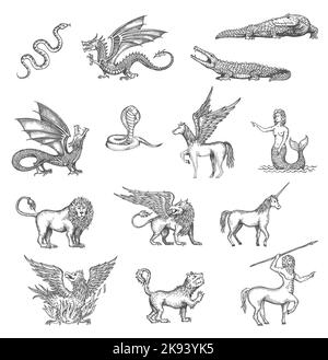 Unicorn, phoenix, Drache und Pegasus, minotaur oder Löwe Meerjungfrau Tiervektor Skizze. Krokodil, Schlange, Greifen und Werwolf, gryphon und Zentaur in Skizze, fantastische Mythologie Tierwesen Stock Vektor