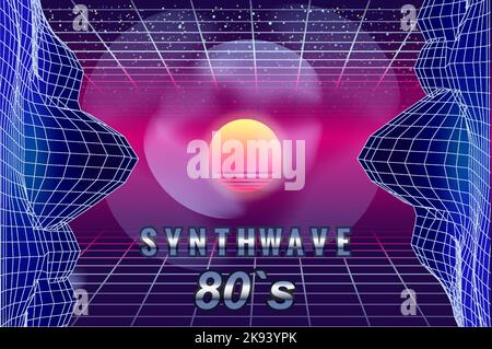 Abstrakt Synthwave Retro Banner Vaporwave ästhetischen Hintergrund. Mountains Landscape Grid 3D, Sunset 80s retrowave Stock Vektor