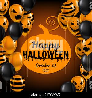 Happy Halloween Hintergrund, Banner mit Luftballons realistisch. Gruseliges Lächeln, Geister-Symbole schwarz, orange Farben. Halloween-Vorlage Stock Vektor