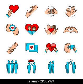 Hilfe, Unterstützung, Freundschaft, Liebe und Gemeinschaft Symbole, Vektor-Herz-Linie Symbole. Freundschaftshand, soziale Fürsorge und karitative Ikonen der Familienbeziehung und Partnerschaft, Menschen in Solidarität zusammen Stock Vektor