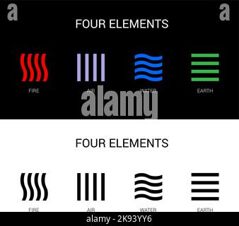 Vier Elemente der Natur Feuer, Luft, Wasser, Erde. Vorlagen für erneuerbare Energien oder Ökologie Logos, Embleme oder Karten. Abstraktes Konzept der Alternative E Stock Vektor