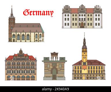 Deutschland Gebäude von Gorlitz und Bautzen, Vektorarchitektur. Deutsche Reise Wahrzeichen Gebäude des Petersdoms, der Ortenburg und des Heiligen Grabes, des Rathauses oder des Rathauses in Sachsen Stock Vektor