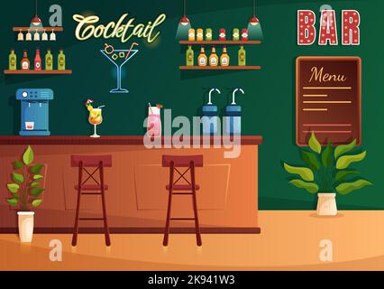 Cocktailbar oder Nachtclub mit Freunden Hanging Out mit alkoholischen Fruchtsaftgetränken oder Cocktails auf Flat Hand Drawn Cartoon Template Illustration Stock Vektor