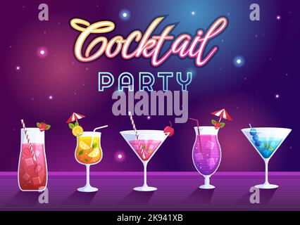 Cocktailbar oder Nachtclub mit Freunden Hanging Out mit alkoholischen Fruchtsaftgetränken oder Cocktails auf Flat Hand Drawn Cartoon Template Illustration Stock Vektor
