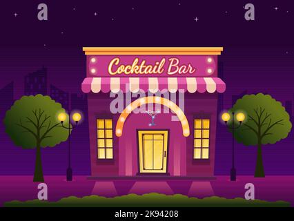 Cocktailbar oder Nachtclub mit Freunden Hanging Out mit alkoholischen Fruchtsaftgetränken oder Cocktails auf Flat Hand Drawn Cartoon Template Illustration Stock Vektor