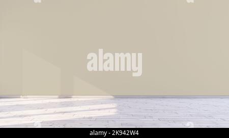Leerer Raum mit sandbeigen leeren Wänden und Sonnenlicht durch das Fenster in einem Raum 3D nachgebildeten Rendering Illustration. Stockfoto