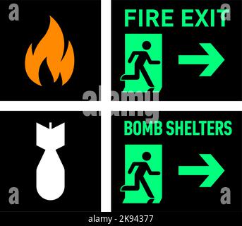 Set aus zwei Evakuierungsschildern - Feuerausgang und Bombenschutzhütten. Die Schilder zeigen die Richtung der Flucht Stock Vektor
