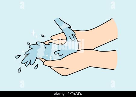 Nahaufnahme der Hände einer Person mit sauberem Wasser. Mann oder Frau waschen sich die Handflächen unter klarem Wasser oder Wasser. Vektorgrafik. . Vektorgrafik Stock Vektor