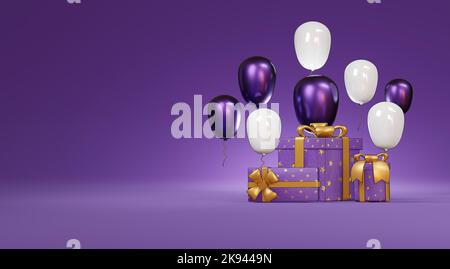 Geschenkbox und Ballon, lila Ton, 3D Rendering Stockfoto