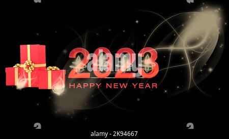 2023 Happy New Year Abstract Helles, glitzerndes, glänzendes Gold Bokeh Effekt schwarzes Hintergrunddesign für Header oder Banner. Stockfoto