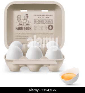 Frische Bio-Hühnereier in offener Kartonverpackung oder Eierbehälter isoliert auf weißem Hintergrund. Sechs große Eier von Eggs Farm im Brand Pack Stock Vektor