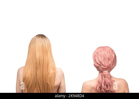 Frau hinten, schöne Frau mit ombre Haar isoliert auf einem weißen Hintergrund. Stockfoto