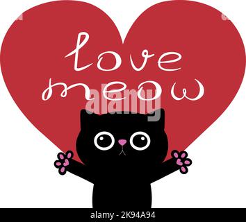 Niedliche Cartoon schwarze Katze mit Herz und handgezeichneten Text Love Meow. Liebeskarte. Alles gute zum Valentinstag. Vektordarstellung einer Katze Stock Vektor