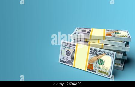 Große Geldstapel aus Dollar. Konzept der US-Dollar-Finanzierung. 3D Rendern Stockfoto