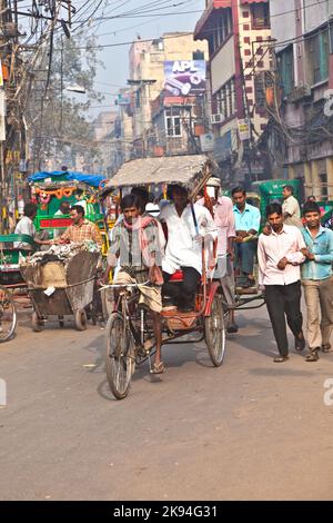 DELHI, INDIEN - NOV 9: Rikscha-Fahrer transportiert Passagiere am frühen Morgen des 08,2011. November in Delhi, Indien. Zyklus-Rikschas wurden in Del eingeführt Stockfoto