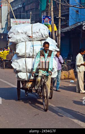 DELHI, INDIEN - NOV 9: Rikscha-Fahrer transportiert Fracht am frühen Morgen des 08,2011. November in Delhi, Indien. In Delhi i wurden Fahrradrickshaws eingeführt Stockfoto