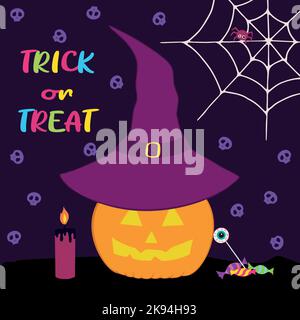 Lächelnder Kürbis in einem Hut mit Kerze und Süßigkeiten. Violetter Hintergrund. Trick or Treat. Frohe Halloween. Handgezeichnete Vektorgrafik Stock Vektor