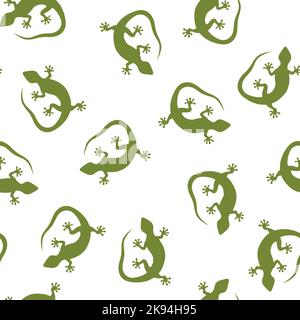 Grünes Tokay gekko Nahtloses Muster. Wiederholendes Muster von handgezeichneten gekko-Eidechsen. Einfarbiger Elementhintergrund. Stock Vektor