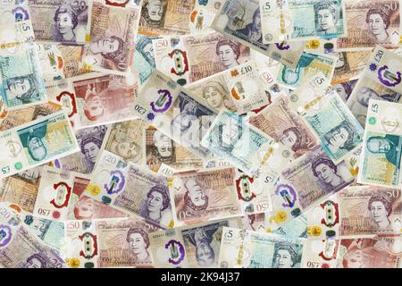 UK Geld Polymer Banknoten Hintergrund britische Pfund stirling Hintergrund britische Papier Geld Tapete. Stockfoto