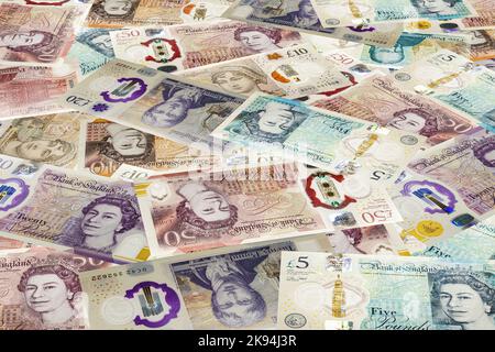 UK Geld Polymer Banknoten Hintergrund britische Pfund stirling Hintergrund britische Papier Geld Tapete. Stockfoto