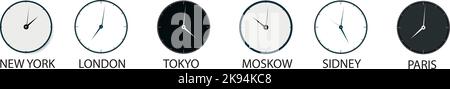 Ein einfaches Vektordesign der Weltzeituhr, das die Zeit der großen Weltstädte zeigt Stock Vektor